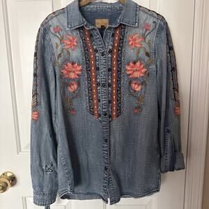 Driftwood Womens XS Womens Denim Pearl Snap Western Flower Embroidered Shirt